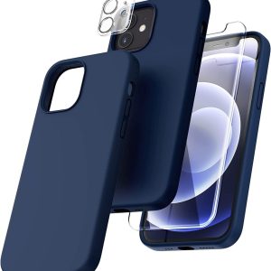 Capa Silicone Azul iPhone 12 com 1 película vidro temperado 1 película camera