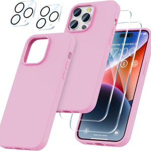 Capa Silicone Rosa iPhone 15 Pro com 2 película vidro temperado 2 película camera