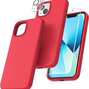 Capa Silicone Vermelho iPhone 15 Plus com 1 película vidro temperado 1 película camera