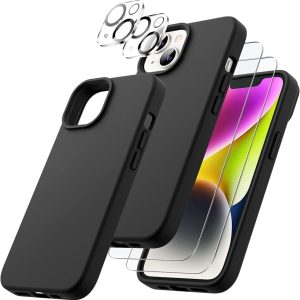Capa Silicone Preto iPhone 14 Plus com 2 película vidro temperado 2 película camera